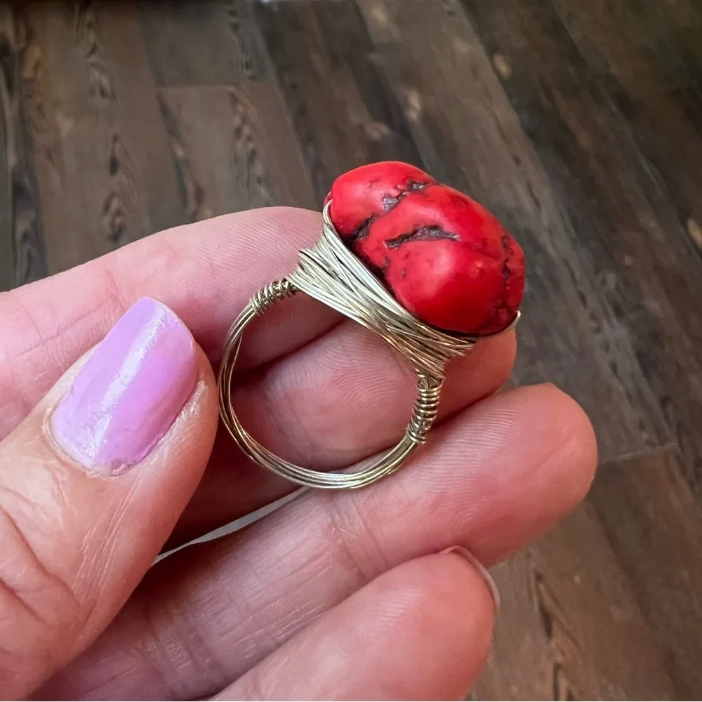 Red Coral Stone Silver Nest Ring Size 9 boho southwestern western artisan